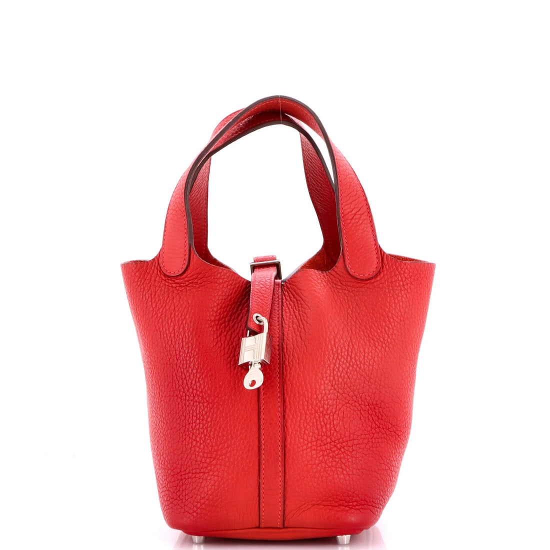 PM Hermes Picotin Lock Bag Clemence: PM Hermes Picotin Lock Bag Clemence The iconic PM Hermes Picotin Lock Bag Clemence is a stylish and secure accessory for any fashion-conscious individual. With its sleek red exterior, raw leather inte