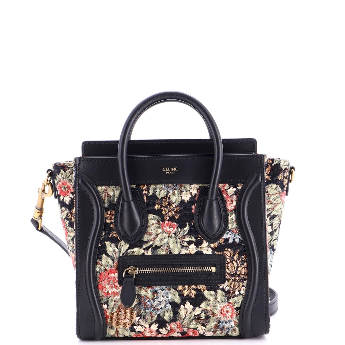 Nano Celine Luggage Bag Printed Jacquard and Leather: Nano Celine Luggage Bag Printed Jacquard and Leather Experience the epitome of understated luxury with this stunning Celine Nano Luggage Bag, boasting sleek black jacquard leather exterior and elegant
