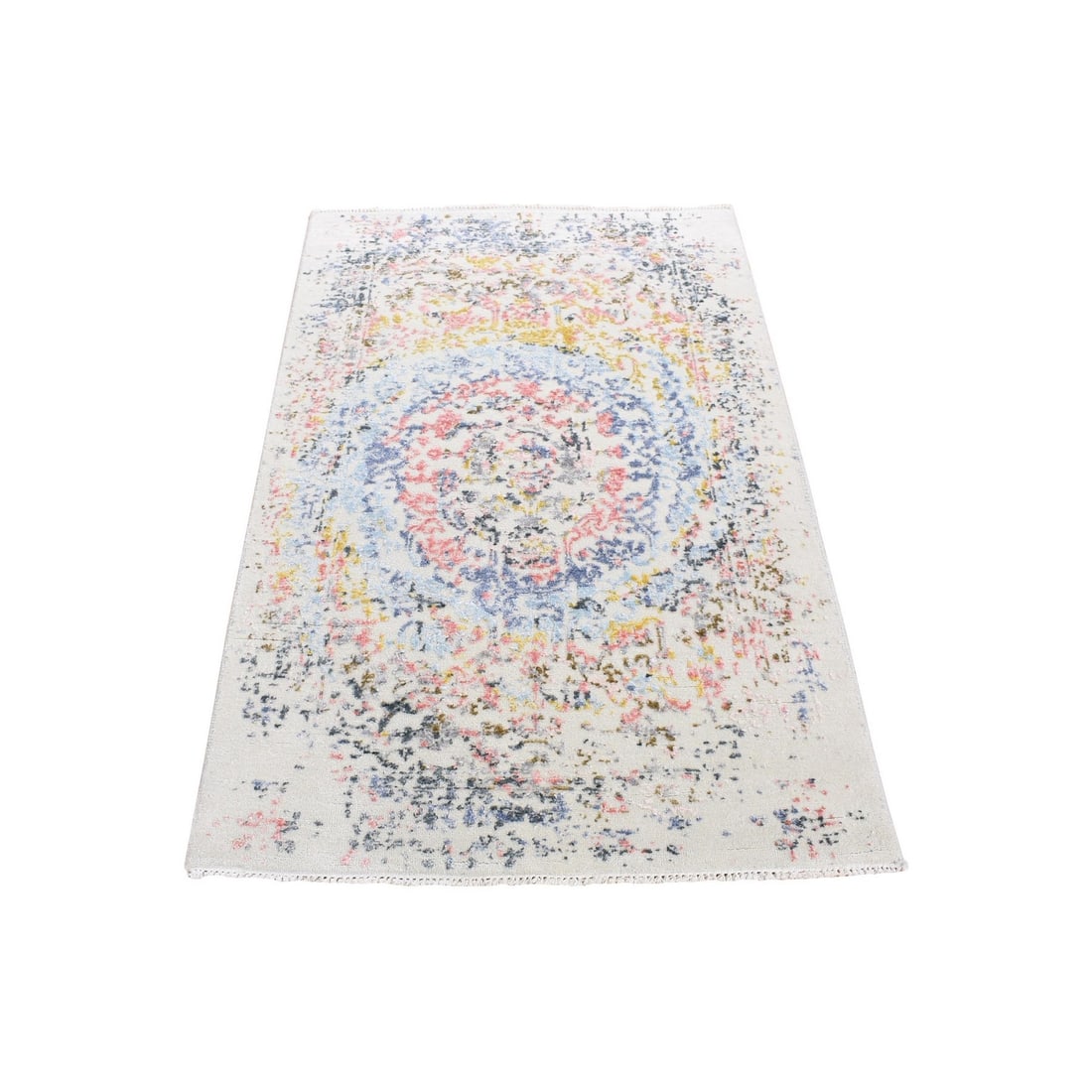 Rug 3'x5' Colorful Wool and Silk Hand Knotted Modern Galaxy Design: Rug 3'x5' Colorful Wool and Silk Hand Knotted Modern Galaxy Design Experience the vibrant beauty of India's rich cultural heritage with this stunning 3'x5' hand-knotted wool and silk rug, boasting an