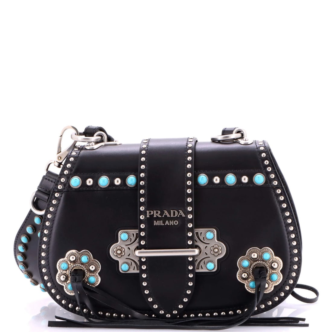 Prada Folk Saddle Shoulder Bag in Embellished Leather with Fringe - Medium: Prada Folk Saddle Shoulder Bag in Embellished Leather with Fringe - Medium Elevate your style with the iconic Prada Folk Saddle Shoulder Bag, boasting embellished leather and fringe details that add a