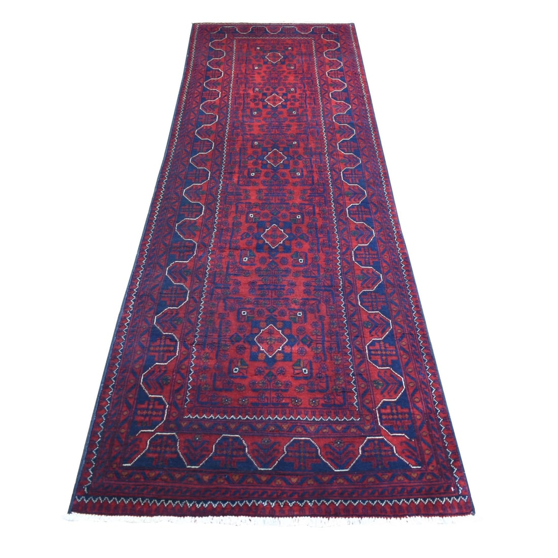 Rug 3'x9'3" Deep Red Afghan Khamyab Soft Wool Hand Knotted Runner: Rug 3'x9'3" Deep Red Afghan Khamyab Soft Wool Hand Knotted Runner Experience the rich cultural heritage of Afghanistan with this stunning, hand-knotted deep red Afghan Khamyab rug. Made from soft wool
