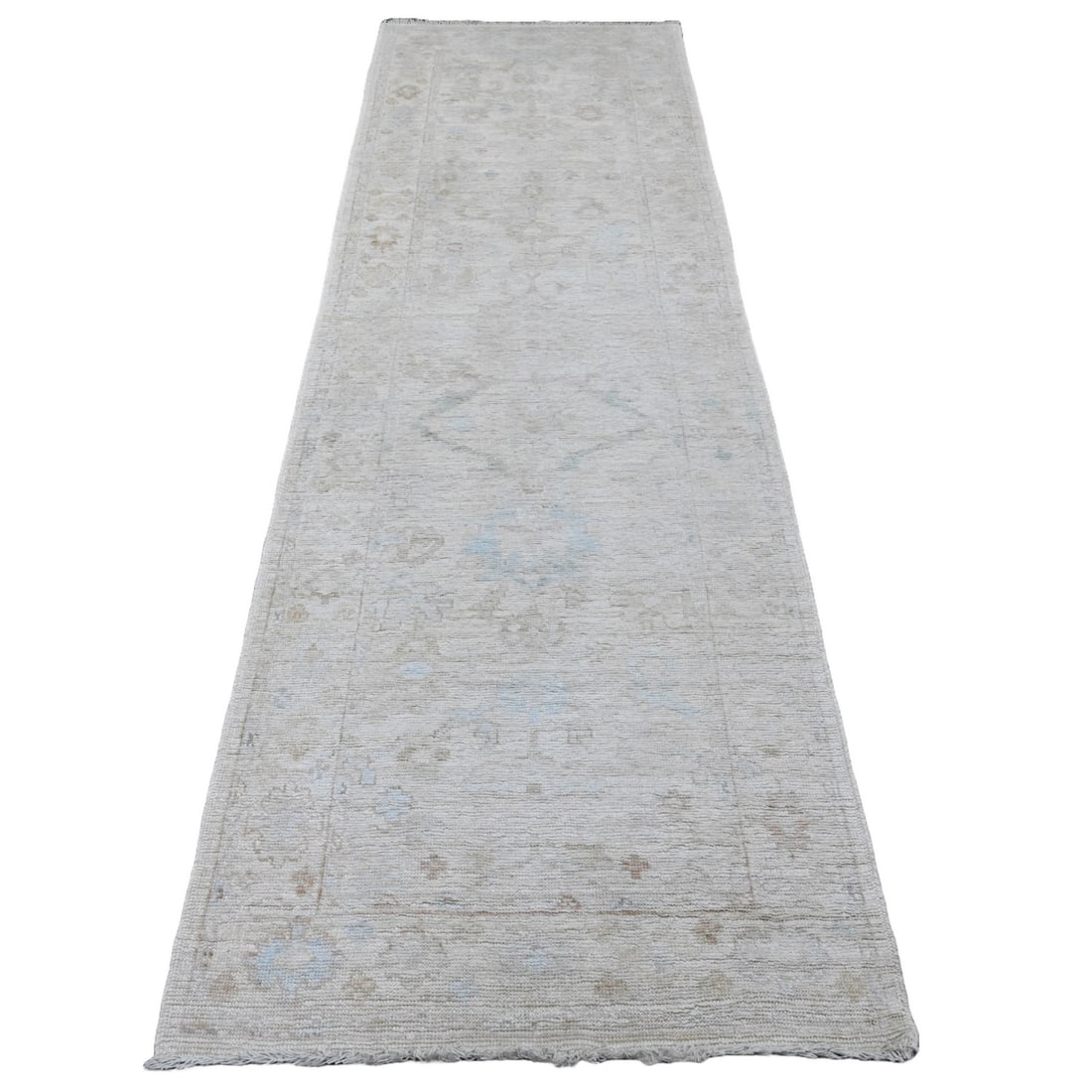 Rug 3'x9'9" Alabaster White Afghan Angora Oushak Hand Knotted Wool Runner: Rug 3'x9'9" Alabaster White Afghan Angora Oushak Hand Knotted Wool Runner Experience the timeless beauty of traditional Afghan craftsmanship with this stunning Alabaster White Oushak Hand Knotted Wool