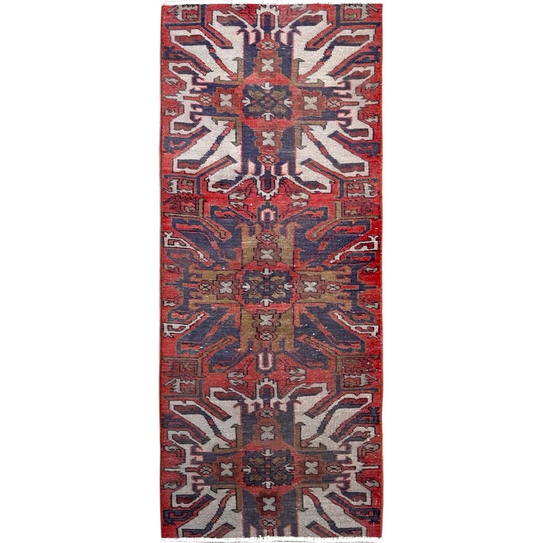 Rug 2'1"x5'4" Red Vintage Zoroastrian Heris Hand Knotted Pure Wool Runner: Rug 2'1"x5'4" Red Vintage Zoroastrian Heris Hand Knotted Pure Wool Runner Experience the rich cultural heritage of Turkey with this stunning 1960s vintage red Zoroastrian Heris hand-knotted pure wool