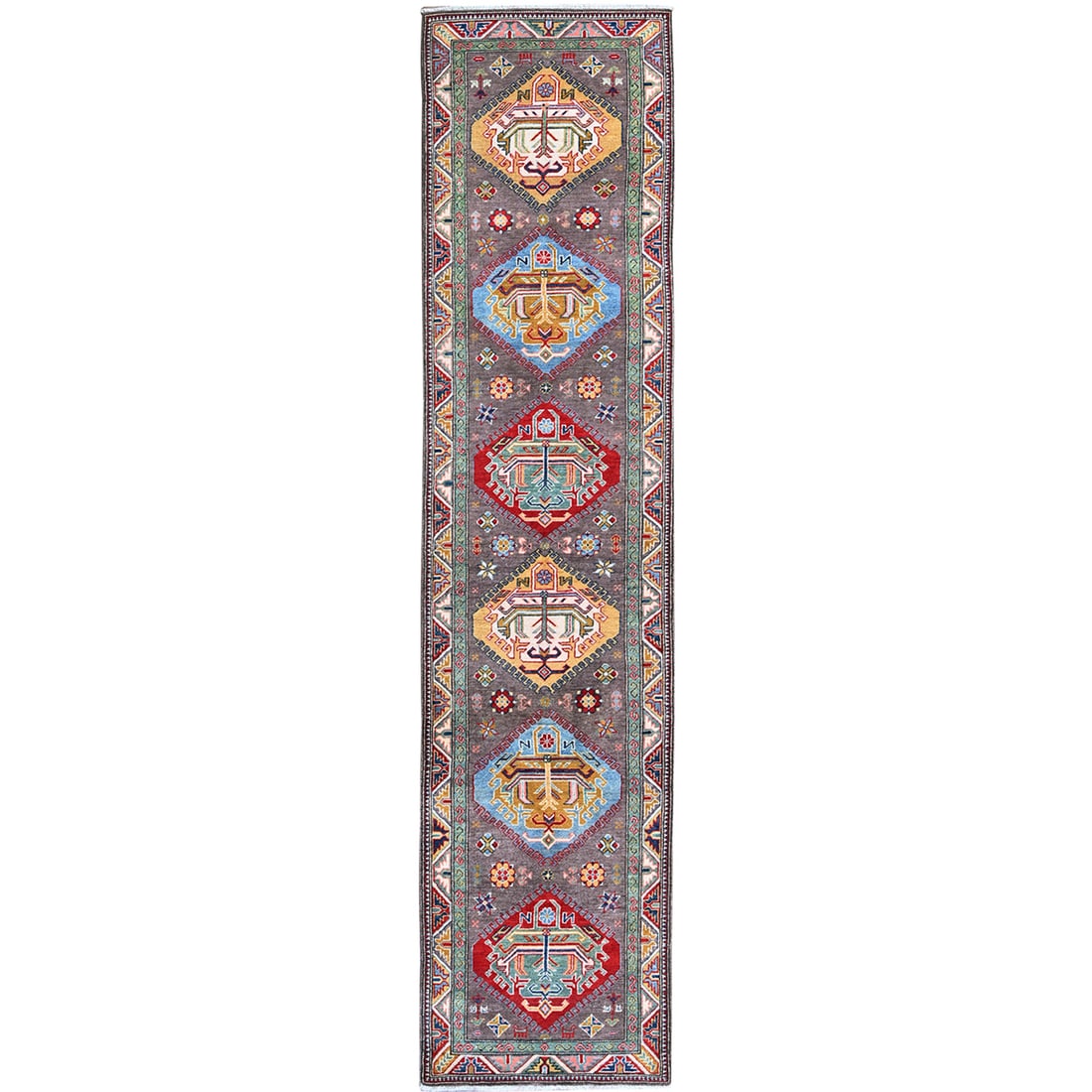 Rug 2'8"x12' Gray Kazak Medallions Design Hand Knotted Soft Wool Runner: Rug 2'8"x12' Gray Kazak Medallions Design Hand Knotted Soft Wool Runner Experience the rich cultural heritage of Afghanistan with this stunning hand-knotted Kazak rug, boasting intricate medallions in