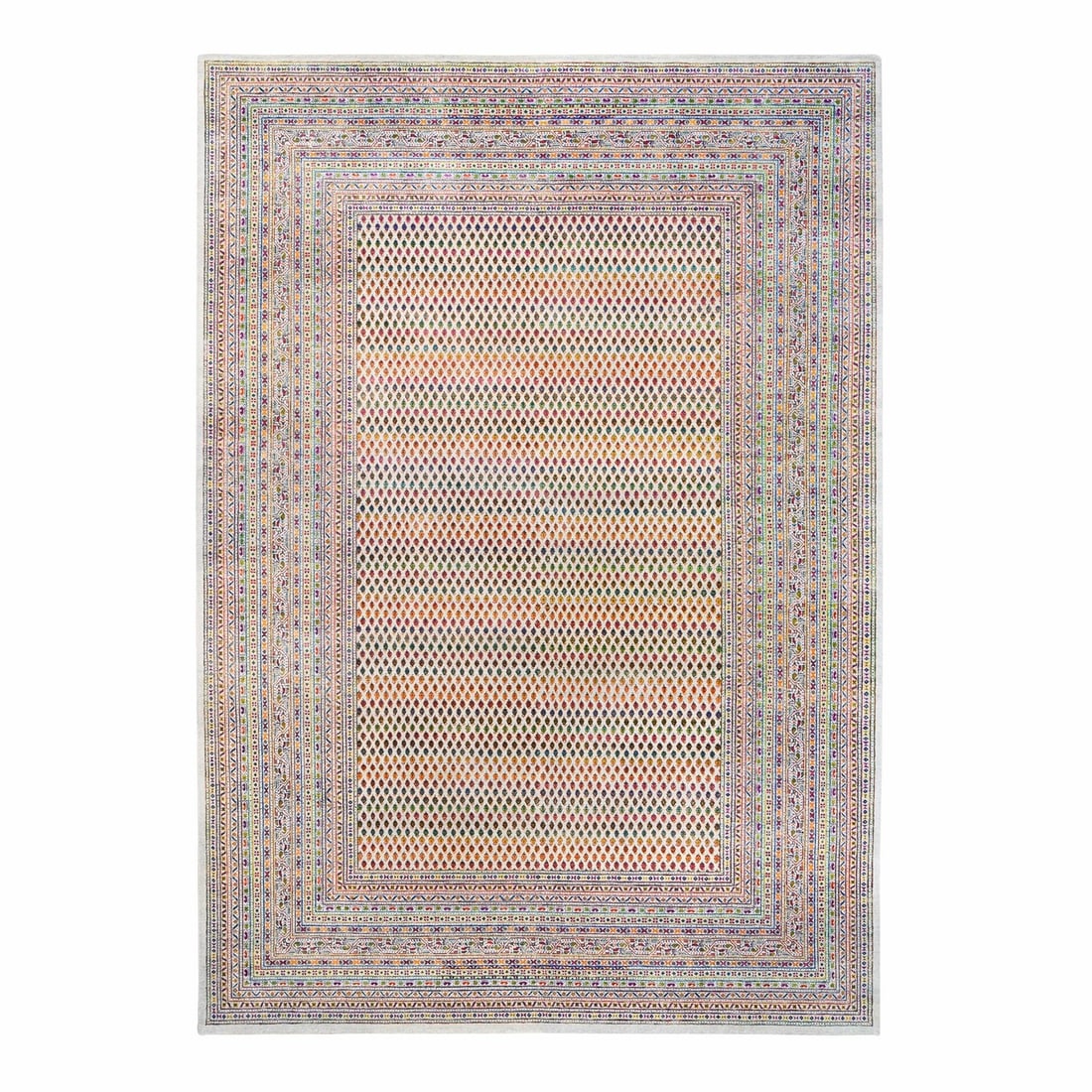 Rug 9'10"x14' Colorful Wool And Sari Silk Saroogh Hand Knotted: Rug 9'10"x14' Colorful Wool And Sari Silk Saroogh Hand Knotted Experience the rich cultural heritage of India with this stunning, hand-knotted rug, expertly woven from wool and sari silk to create a v