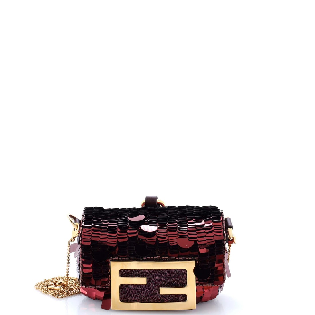 Nano Fendi Chain Baguette Charm Bag Sequins: Nano Fendi Chain Baguette Charm Bag Sequins Add a touch of glamour to your outfit with the Fendi Chain Baguette Charm Bag Sequins Nano, a miniature masterpiece that shines bright in bold red sequins.