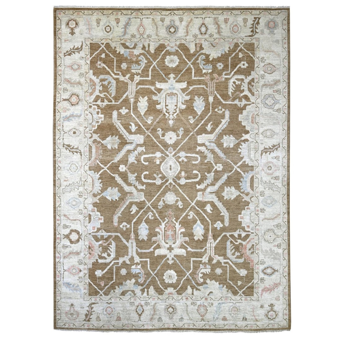 Cedar Brown Hand-Knotted Angora Oushak Vines Design Wool Rug (10'1"x13'5"): Cedar Brown Hand-Knotted Angora Oushak Vines Design Wool Rug (10'1"x13'5") Experience the rich beauty of traditional Afghan craftsmanship in this stunning hand-knotted Oushak rug, expertly woven with