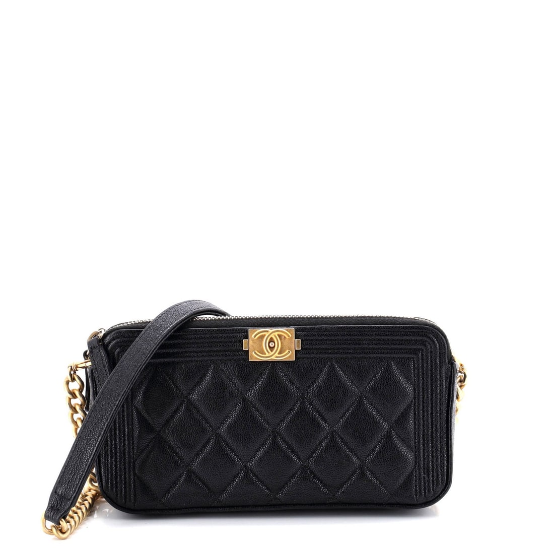 Caviar Chanel Boy Double Zip Clutch with Chain Quilted: Caviar Chanel Boy Double Zip Clutch with Chain Quilted Experience the epitome of luxury with this stunning Chanel Boy Double Zip Clutch, boasting an edgy chain quilted design that adds a touch of rebe