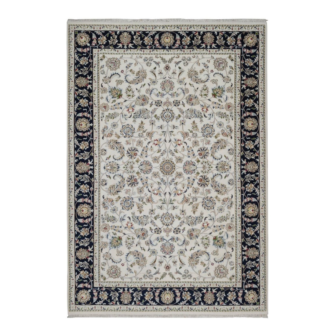 Rug 6'2"x9' Ivory Nain with Flower Design Wool and Silk Hand Knotted: Rug 6'2"x9' Ivory Nain with Flower Design Wool and Silk Hand Knotted Experience the timeless beauty of India with this exquisite hand-knotted rug, expertly woven from wool and silk to create an all-ov
