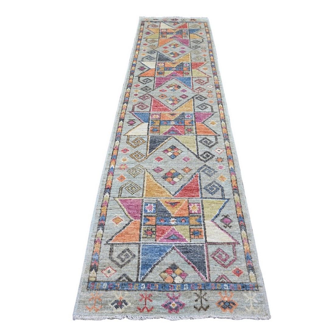 Anatolian Village Inspired Gray Hand-Knotted Wool Rug (2'10"x11'8"): Anatolian Village Inspired Gray Hand-Knotted Wool Rug (2'10"x11'8") Experience the rich cultural heritage of Afghanistan with this stunning Anatolian-inspired gray hand-knotted wool rug, expertly craf