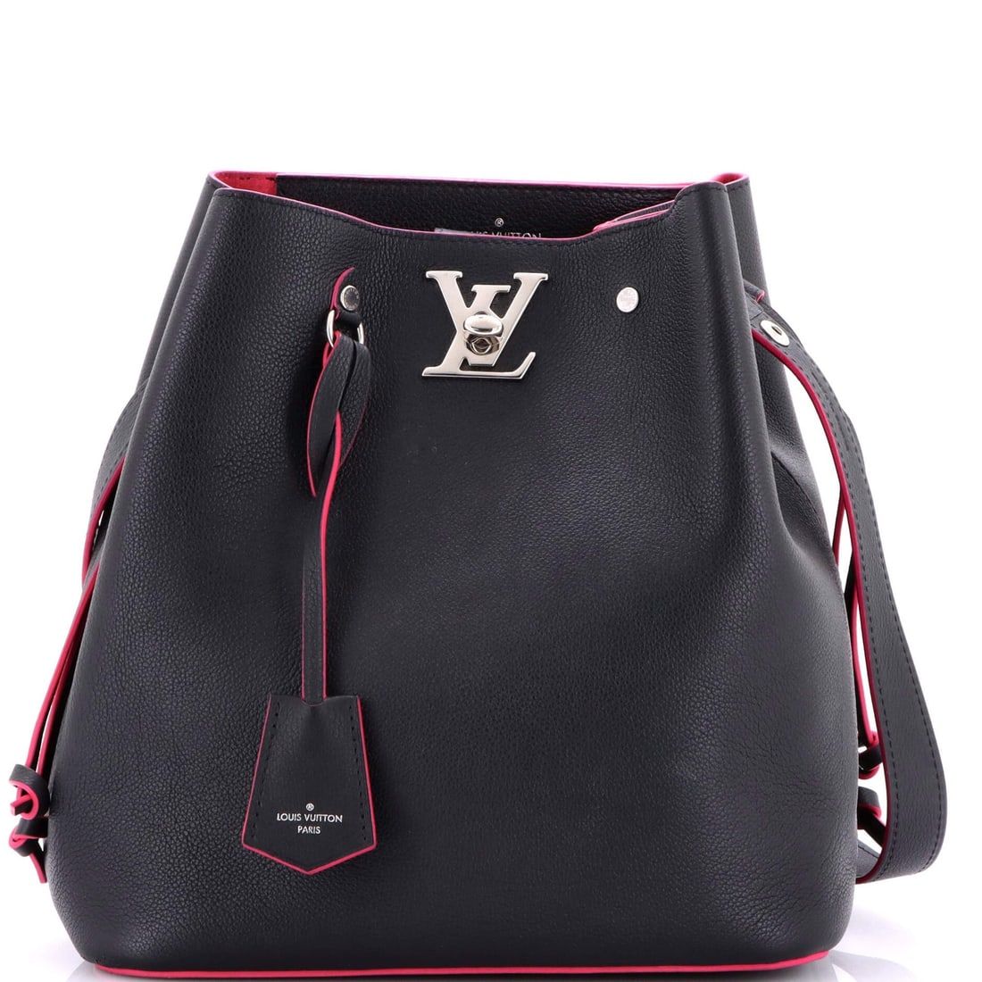 Louis Vuitton Lockme Bucket Bag in Leather: Louis Vuitton Lockme Bucket Bag in Leather A stunning Louis Vuitton Lockme Bucket Bag in sleek black leather, boasting the iconic LV monogram pattern and a chic, minimalist design that exudes effortle