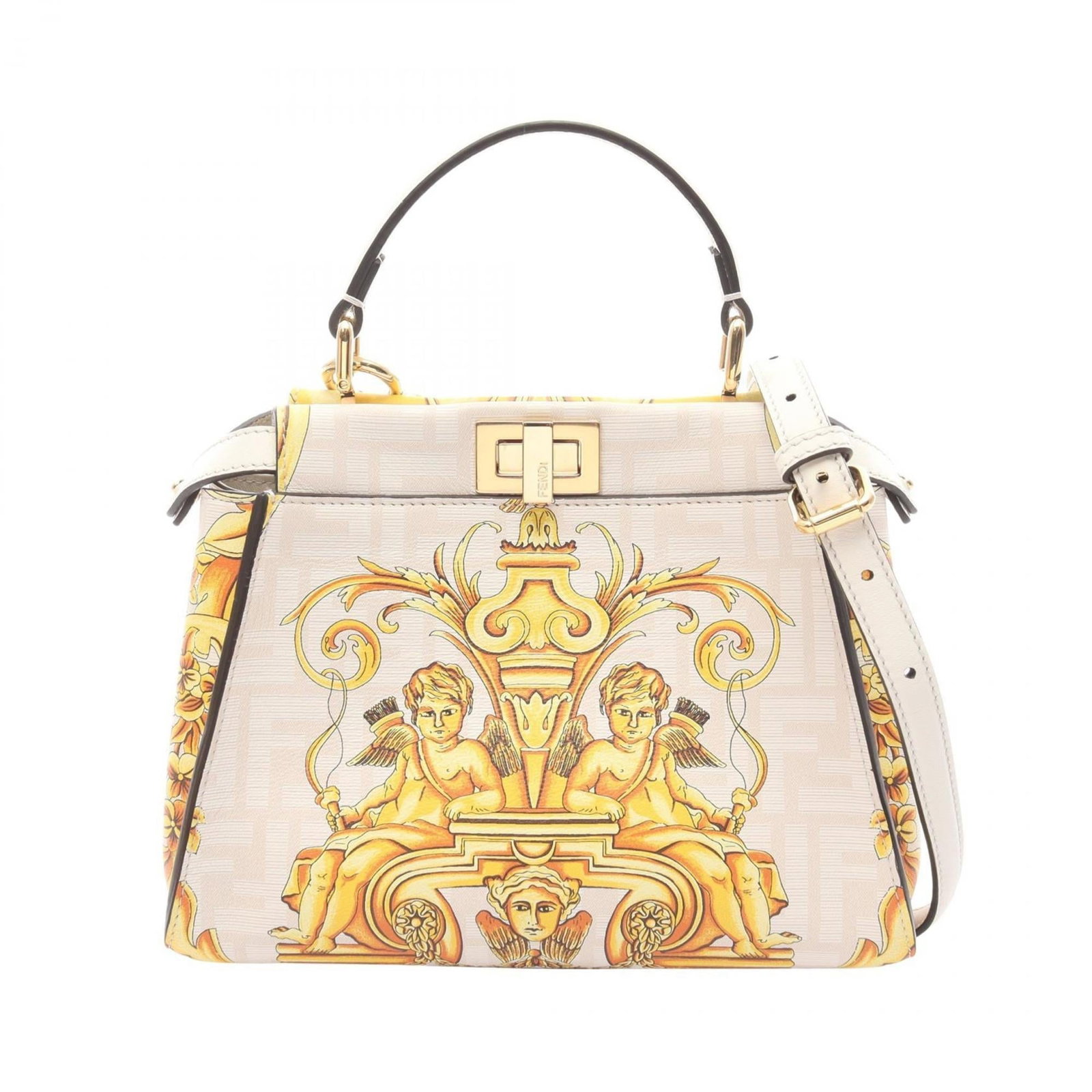 Leather Fendi Handbag: Leather Fendi Handbag A stunning white and yellow leather Fendi handbag, boasting the iconic Italian luxury brand's signature style, is up for grabs. With its sleek 18cm dimensions and classic design,