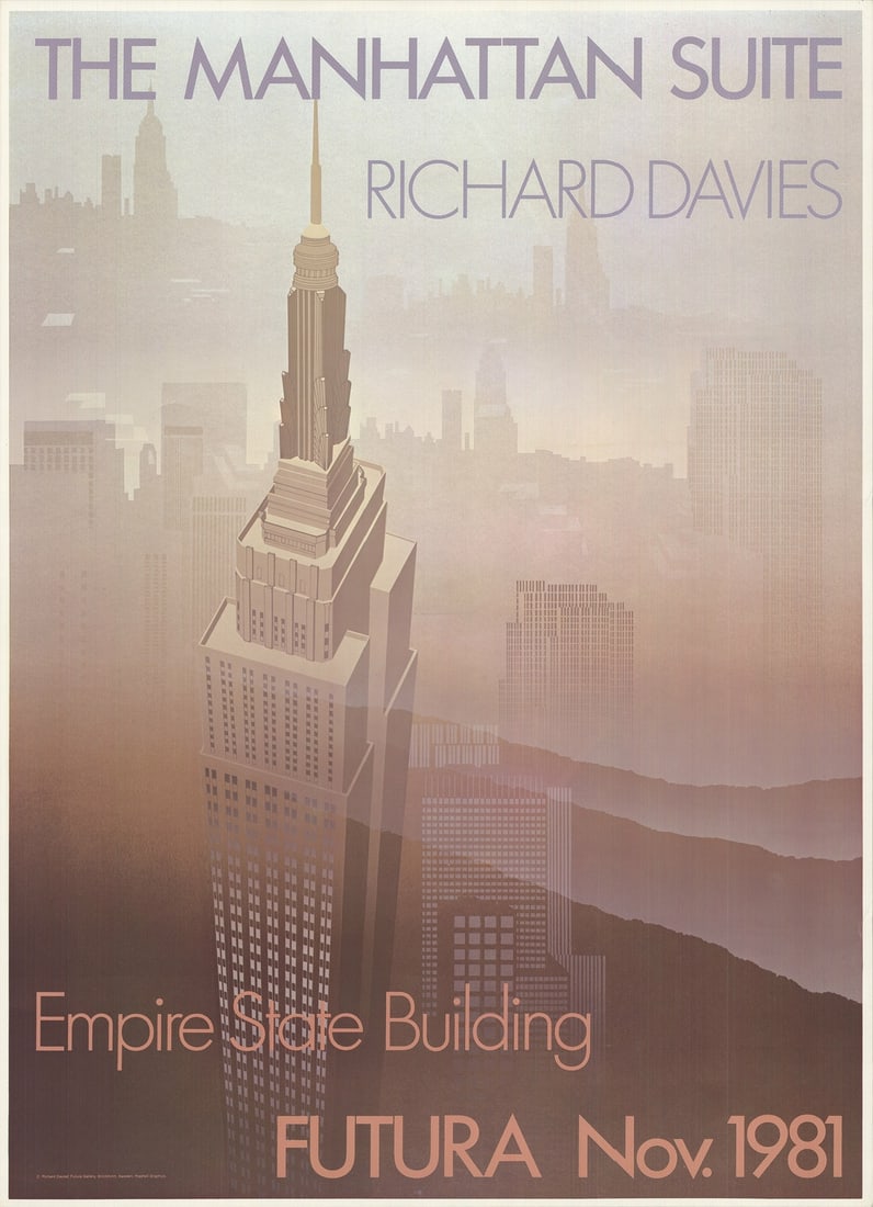 Contem RICHARD DAVIES Empire State Building 33.5" x 24.5" Offset Lithograph 1981: Contem RICHARD DAVIES Empire State Building 33.5" x 24.5" Offset Lithograph 1981 A stunning offset lithograph of the iconic Empire State Building, created by renowned artist Richard Davies in 1981,