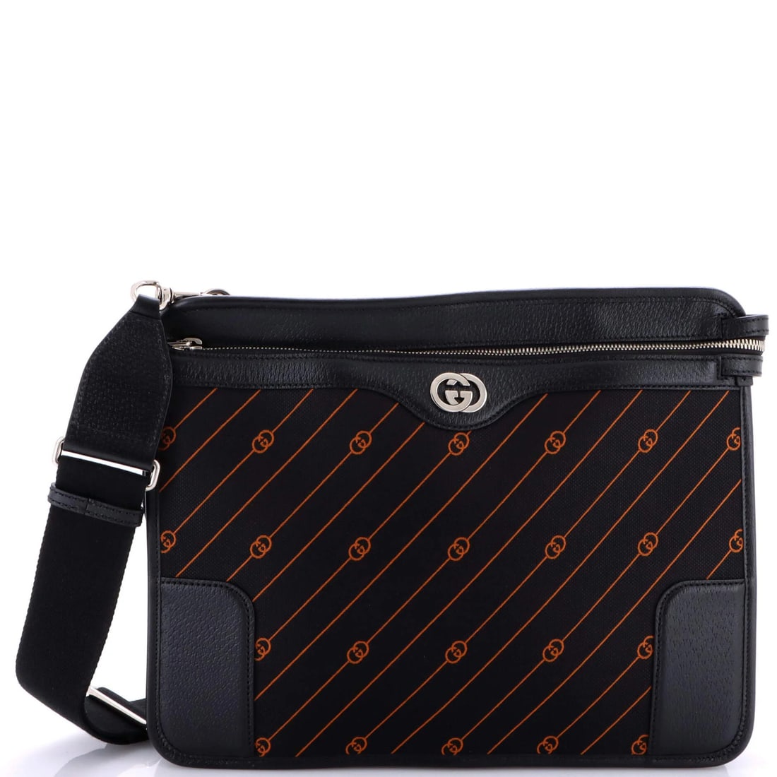 Gucci Interlocking G Messenger Bag in GG Jacquard Leather: Gucci Interlocking G Messenger Bag in GG Jacquard Leather The Gucci Interlocking G Messenger Bag is a vibrant statement piece, boasting bold orange accents and sleek GG Jacquard leather exterior that