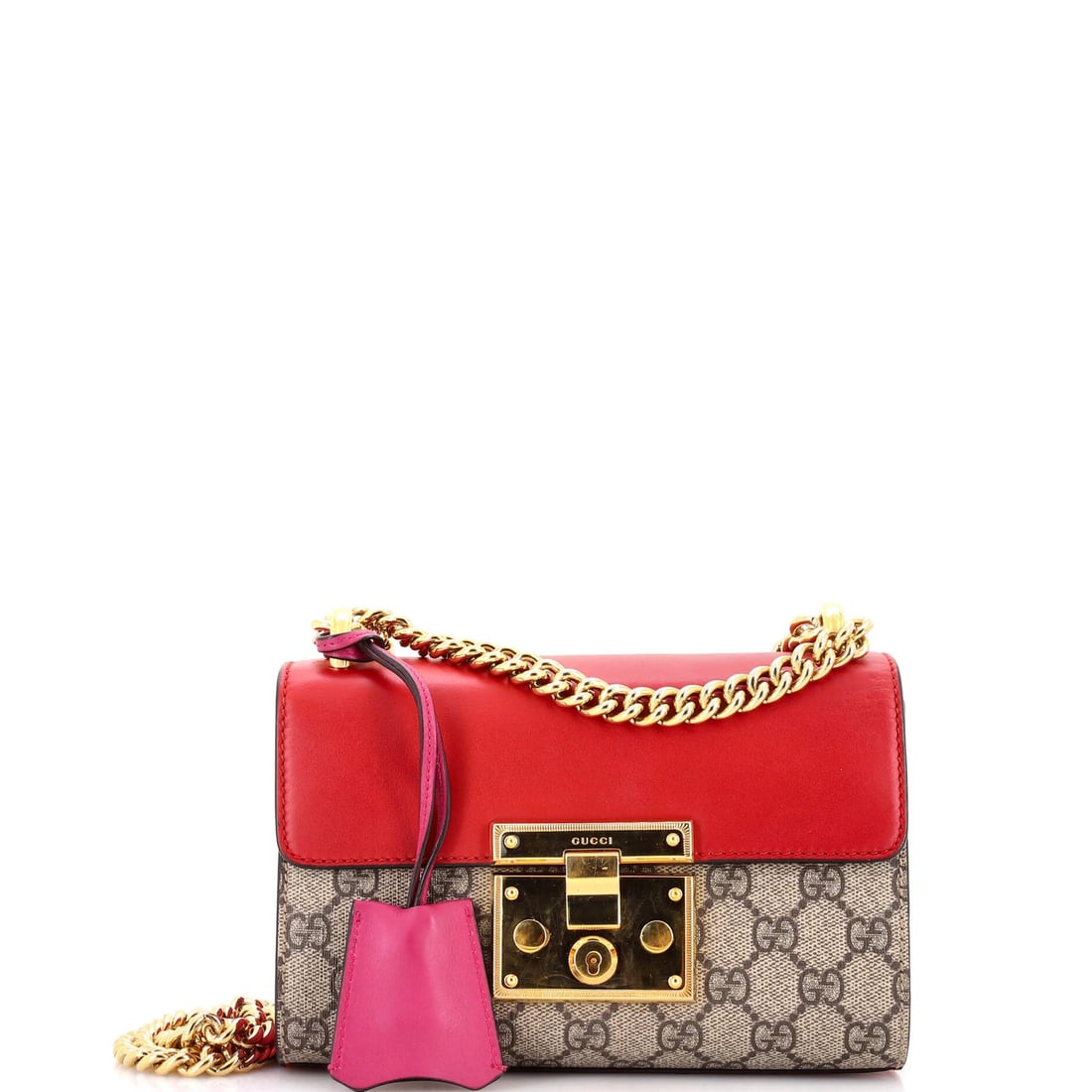 Gucci Small GG Coated Canvas and Leather Padlock Shoulder Bag: Gucci Small GG Coated Canvas and Leather Padlock Shoulder Bag Elevate your everyday style with the iconic Gucci Small GG Coated Canvas and Leather Padlock Shoulder Bag, boasting a striking red exterio