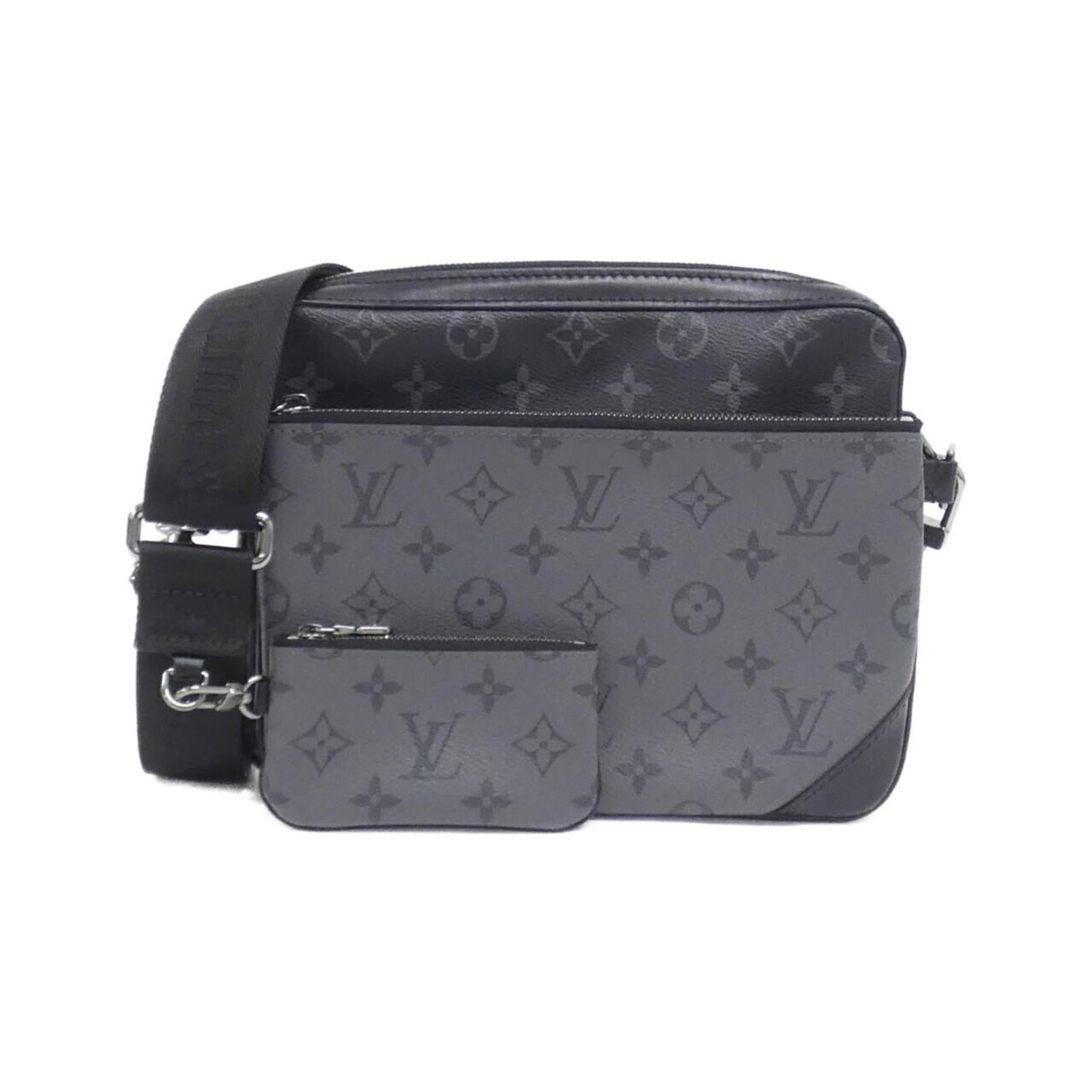Louis Vuitton Coated Canvas Shoulder Bag: Louis Vuitton Coated Canvas Shoulder Bag A sleek and sophisticated shoulder bag from the iconic Louis Vuitton brand, this coated canvas pouch boasts a timeless black and gris color scheme that exudes