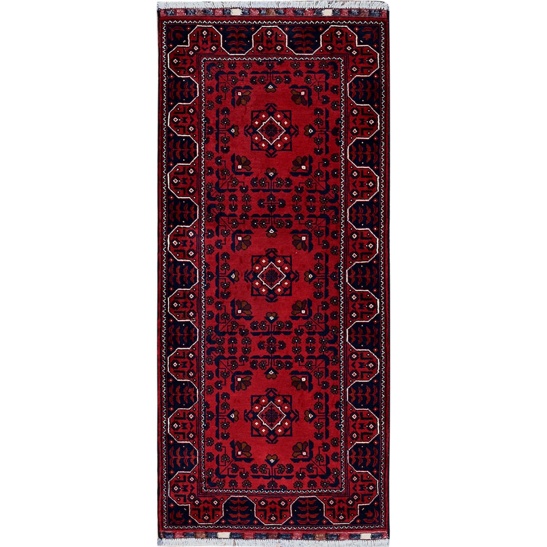 Rug 2'3"x5' Red Afghan Khamyab Geometric Pattern Hand Knotted Wool Runner: Rug 2'3"x5' Red Afghan Khamyab Geometric Pattern Hand Knotted Wool Runner Experience the rich cultural heritage of Afghanistan with this stunning, hand-knotted wool runner from the iconic Red Afghan K