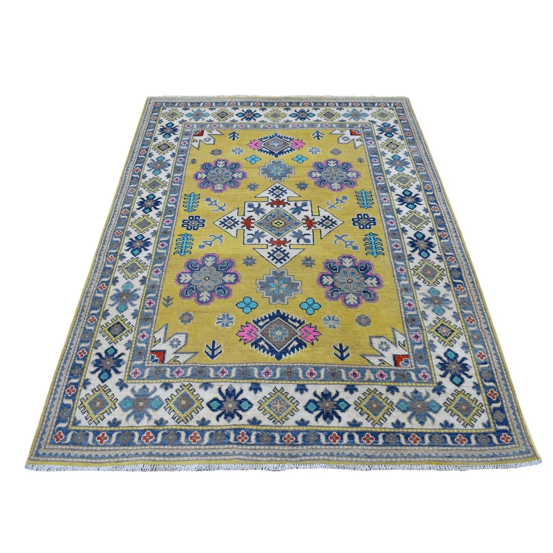 Rug 4'10"x6'6" Yellow Fusion Kazak Pure Wool Hand Knotted Oriental: Rug 4'10"x6'6" Yellow Fusion Kazak Pure Wool Hand Knotted Oriental Experience the vibrant warmth of traditional Afghan craftsmanship with this stunning 100% wool yellow fusion Kazak rug, hand-knotted