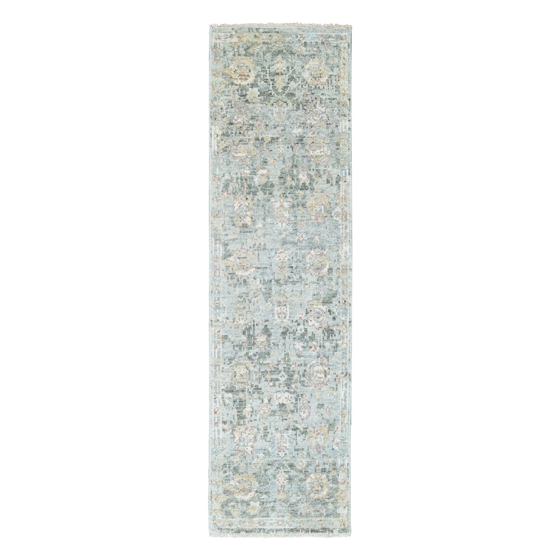Rug 2'6"x8'10" Misty Gray Oushak Design Hand Knotted Soft Wool Runner: Rug 2'6"x8'10" Misty Gray Oushak Design Hand Knotted Soft Wool Runner Experience the rich beauty of Indian craftsmanship with this stunning 2000-year-old Oushak-style rug, hand-knotted from soft wool