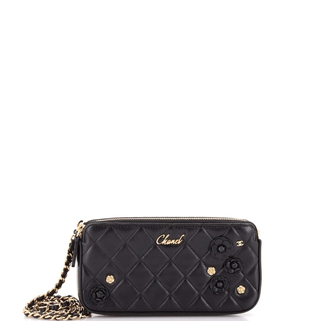 Chanel Camellia Double Zip Clutch in Quilted Lambskin with Chain: Chanel Camellia Double Zip Clutch in Quilted Lambskin with Chain The Chanel Camellia Double Zip Clutch is a timeless piece of luxury, boasting a quilted lambskin exterior and chain-link strap that add