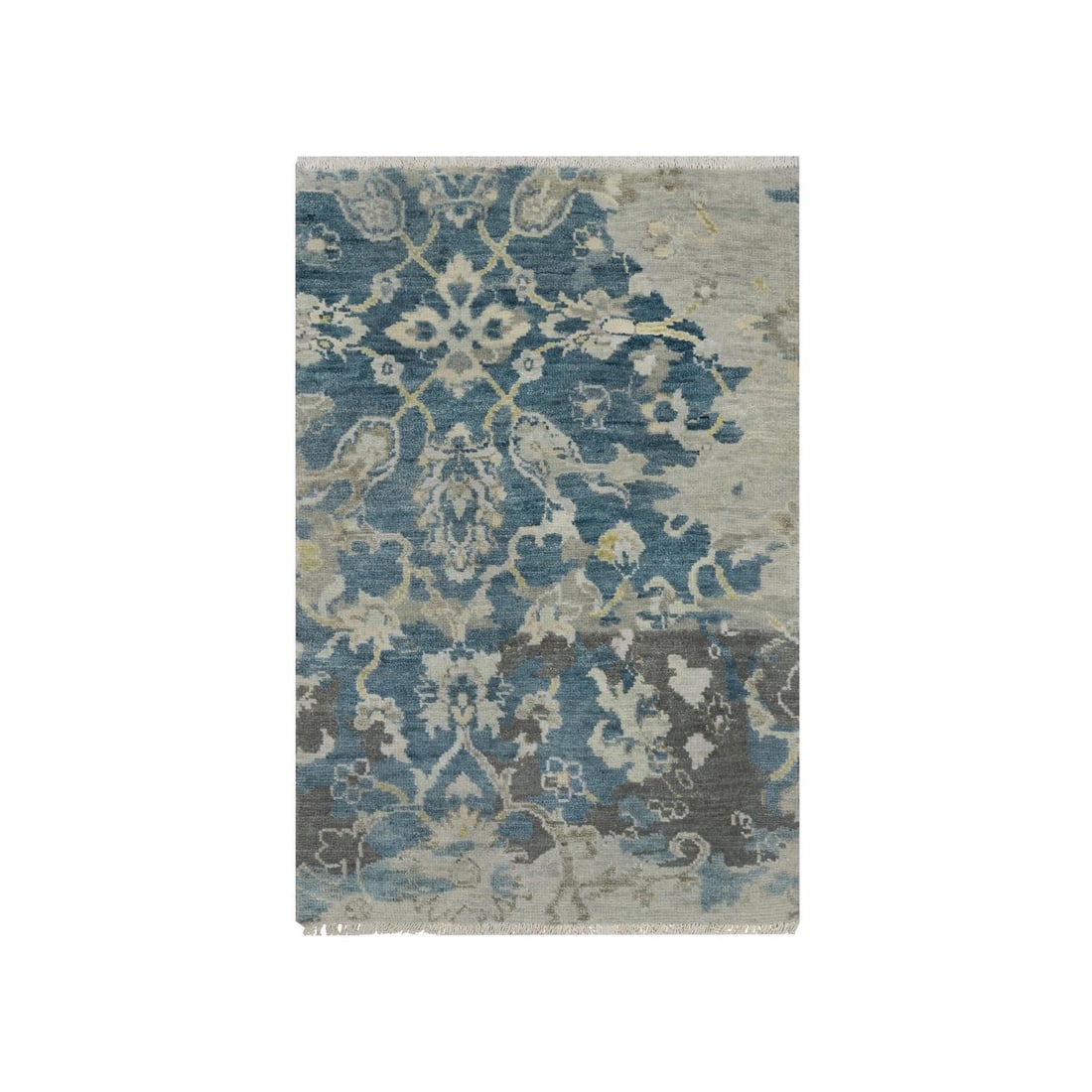 Rug 2'x3'1" Blue Broken Pattern Oushak Design 100% Wool Hand Knotted Mat: Rug 2'x3'1" Blue Broken Pattern Oushak Design 100% Wool Hand Knotted Mat Experience the rich beauty of traditional Indian craftsmanship with this stunning 2'x3'1" Oushak-style rug, hand-knotted from 1