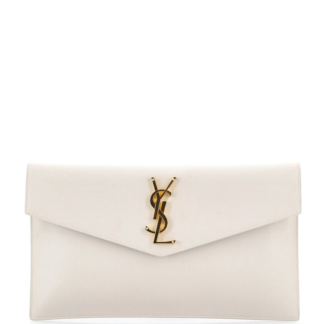Saint Laurent Uptown Leather Pouch: Saint Laurent Uptown Leather Pouch A sleek and sophisticated Saint Laurent Uptown Leather Pouch, boasting crisp white exterior and rich black interior, is up for grabs. With its classic design and gol