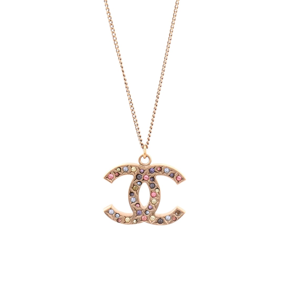 Chanel Rainbow CC Pendant Necklace with Metal and Crystals: Chanel Rainbow CC Pendant Necklace with Metal and Crystals Add a pop of color and luxury to your wardrobe with this stunning Chanel Rainbow CC Pendant Necklace, featuring a unique multi-colored design