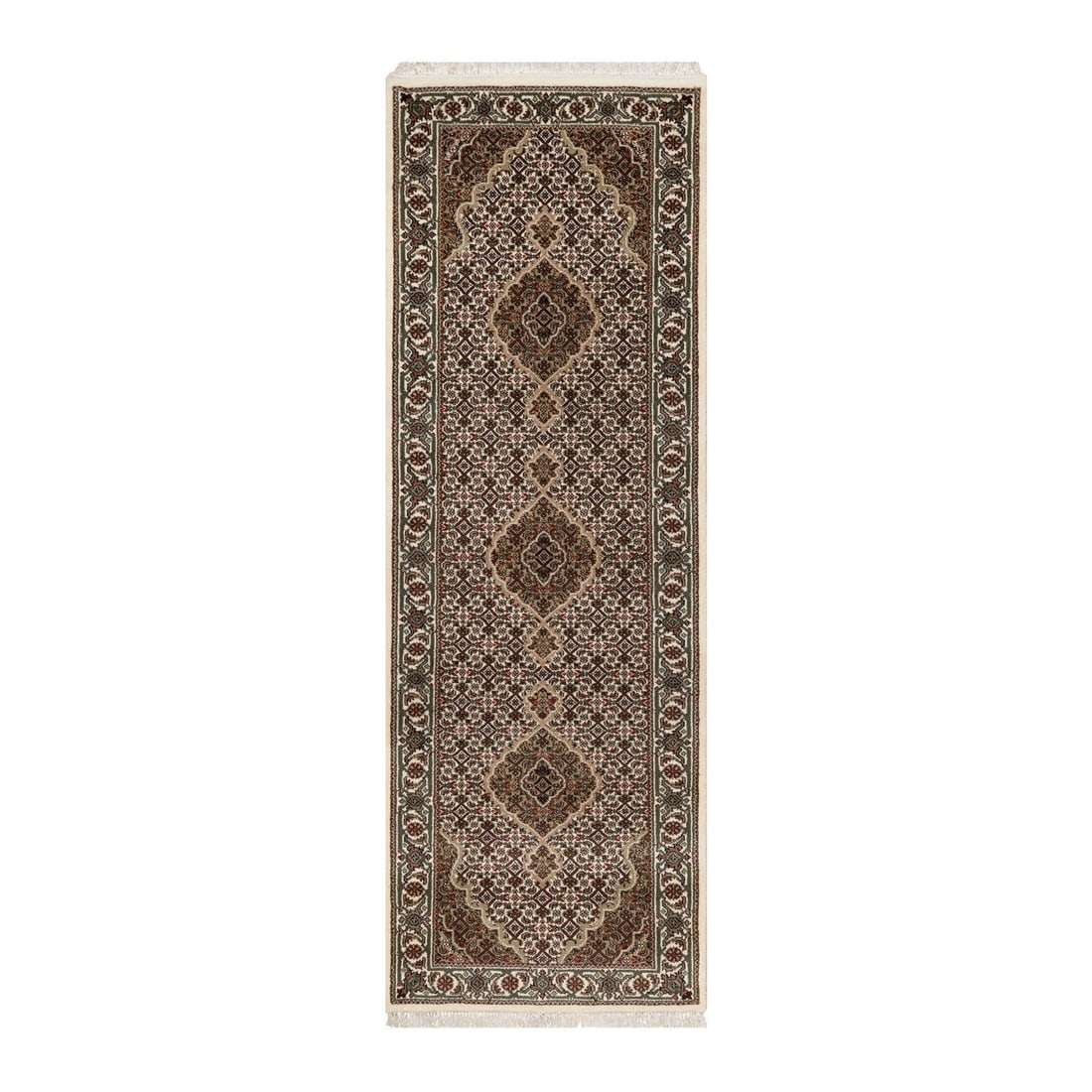 Tebraz Mahi Ivory Hand-Knotted Wool Rug (2'9"x8'1"): Tebraz Mahi Ivory Hand-Knotted Wool Rug (2'9"x8'1") Experience the timeless elegance of India's rich cultural heritage with this exquisite Tebraz Mahi ivory hand-knotted wool rug, boasting intricate m