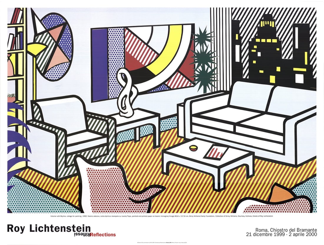 Post ROY LICHTENSTEIN Interior with Skyline Collage for Painting 38.5" x 51.25": Post ROY LICHTENSTEIN Interior with Skyline Collage for Painting 38.5" x 51.25" Experience the iconic style of Roy Lichtenstein with this 2000 offset lithograph print, "Interior with Skyline", measuri