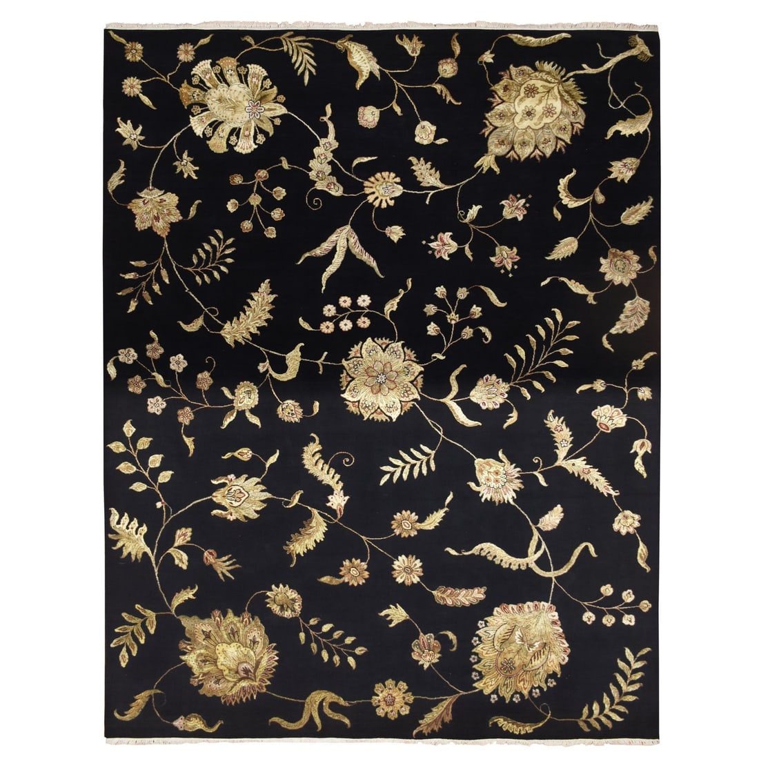 Rug 9'2"x11'8" Caviar Black Wool and Silk Botanical Design Hand Knotted: Rug 9'2"x11'8" Caviar Black Wool and Silk Botanical Design Hand Knotted Experience the rich beauty of Indian craftsmanship with this stunning 9'2"x11'8" hand-knotted rug, expertly woven from luxurious