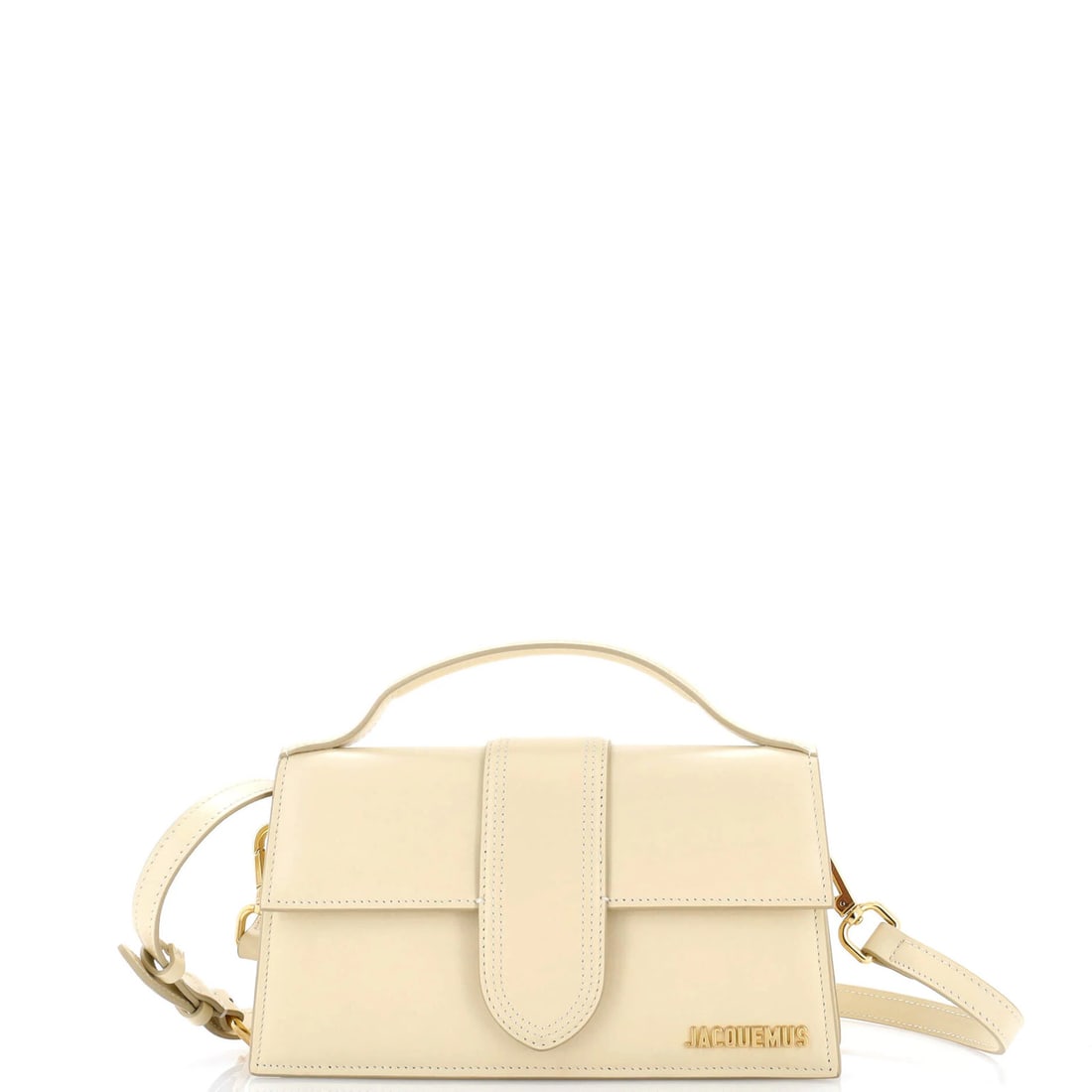 Jacquemus Le Grand Bambino Flap Bag in Leather: Jacquemus Le Grand Bambino Flap Bag in Leather The Jacquemus Le Grand Bambino Flap Bag in Leather is a timeless, neutral-toned cross-body bag that exudes effortless chic. With its signature flap closu