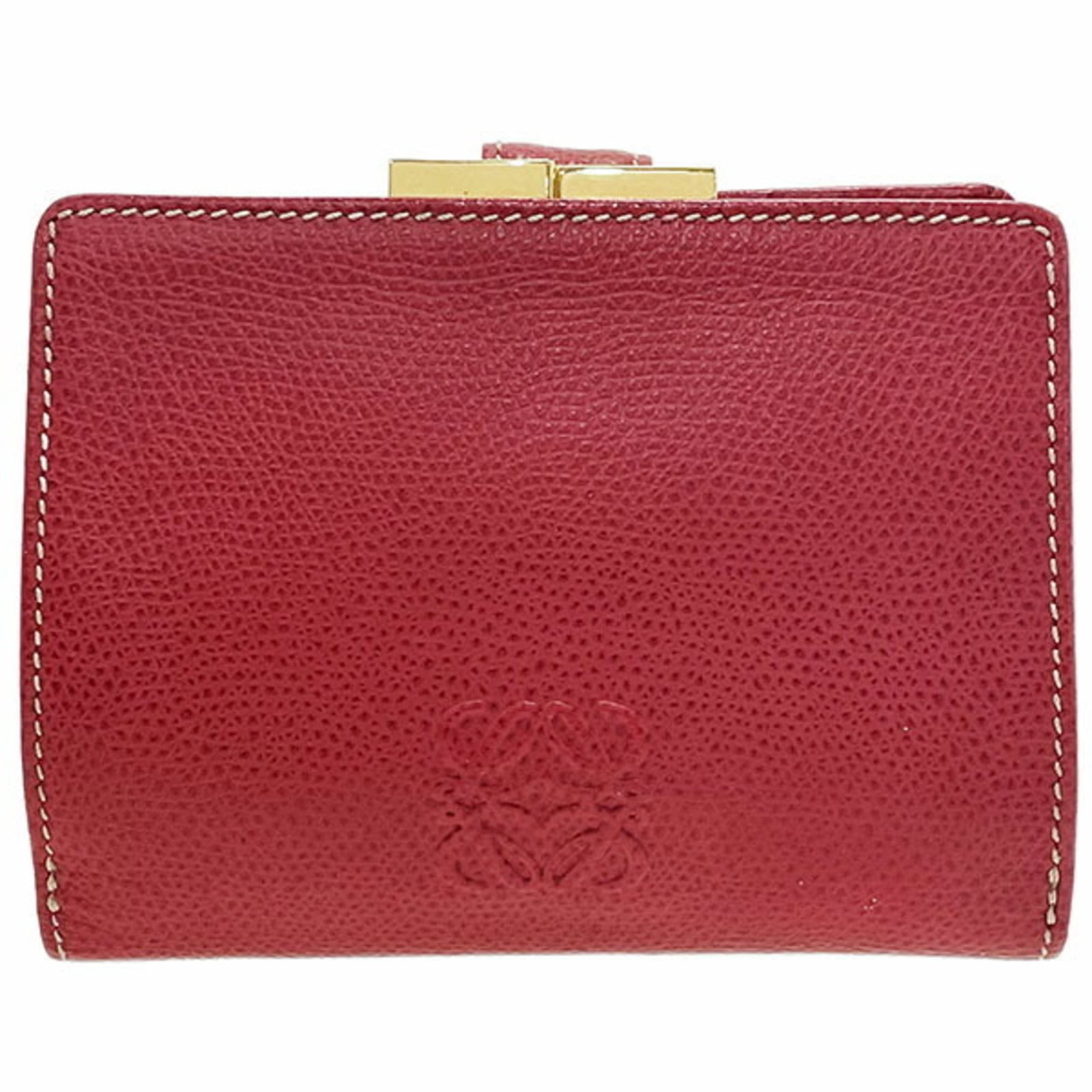 Loewe Bi-Fold Leather Wallet: Loewe Bi-Fold Leather Wallet A timeless piece from the iconic Spanish brand Loewe, this bi-fold leather wallet boasts classic elegance with its dark brown and red color combination. The ball clasp clo