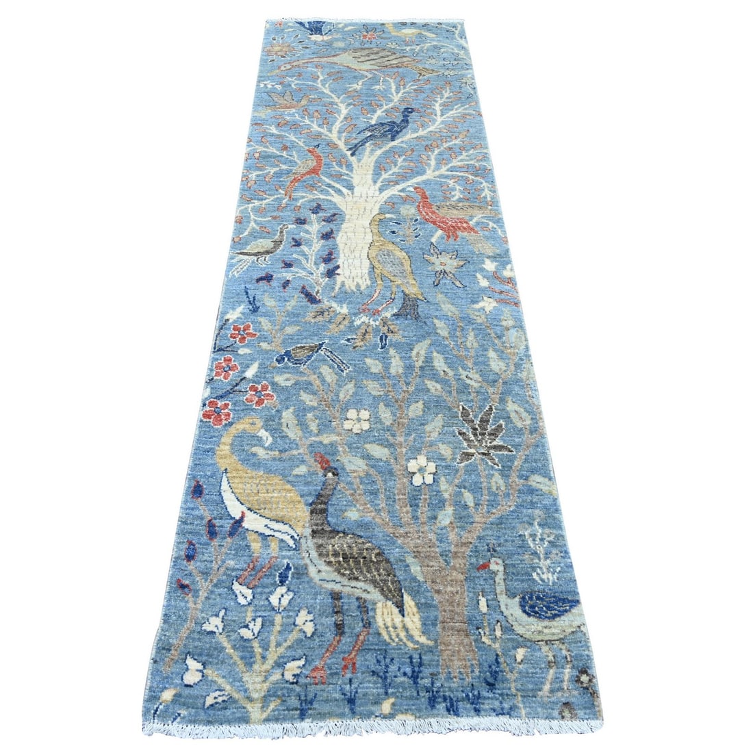 Blue Birds of Paradise Design Hand-Knotted Soft Wool Runner Rug (2'6"x8'1"): Blue Birds of Paradise Design Hand-Knotted Soft Wool Runner Rug (2'6"x8'1") Experience the rich cultural heritage of Afghanistan with this stunning Blue Birds of Paradise Design Hand-Knotted Soft Wool