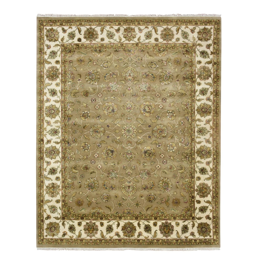 Rug 7'10"x9'10" Brown Rajasthan Leaf Design Hand Knotted Wool and Silk: Rug 7'10"x9'10" Brown Rajasthan Leaf Design Hand Knotted Wool and Silk Experience the rich cultural heritage of India with this stunning 7'10"x9'10" Brown Rajasthan Leaf Design Hand Knotted Wool and S