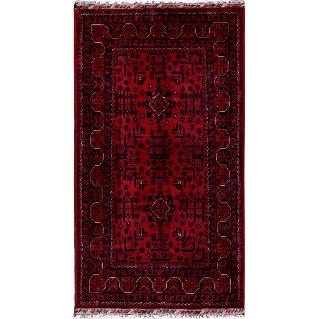 Rug 2'9"x5' Red Afghan Khamyab Geometric Pattern Hand Knotted Soft Wool: Rug 2'9"x5' Red Afghan Khamyab Geometric Pattern Hand Knotted Soft Wool Experience the rich cultural heritage of Afghanistan with this stunning, hand-knotted red Afghan Khamyab rug, featuring an intri