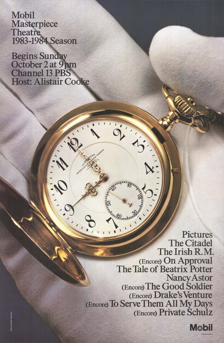 Lith IVAN CHERMAYEFF Mobil Masterpiece Theatre 1983-1984 Season 46" x 30" Offset: Lith IVAN CHERMAYEFF Mobil Masterpiece Theatre 1983-1984 Season 46" x 30" Offset A rare and iconic piece of advertising art, Ivan Chermayeff's 1983-1984 Mobil Masterpiece Theatre lithograph is a stunn