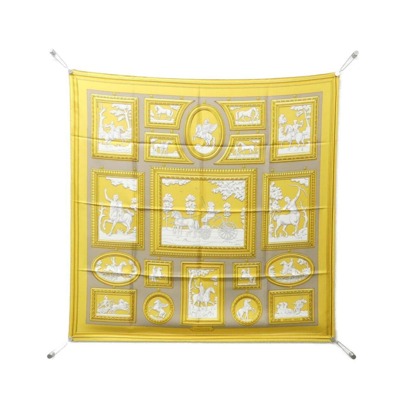 Scarf Hermes: Scarf Hermes A pre-owned Hermes scarf in a stunning gray hue, boasting the iconic brand's signature craftsmanship and timeless elegance. With its 90cm x 90cm dimensions and soft texture, this versatil