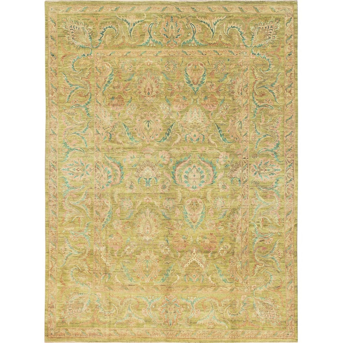 Chino Green Vintage Rajasthan 100% Wool Hand-Knotted 8'10"x12'1" Rug: Chino Green Vintage Rajasthan 100% Wool Hand-Knotted 8'10"x12'1" Rug Experience the rich heritage of India with this stunning Chino Green Vintage Rajasthan 100% Wool Hand-Knotted rug, measuring 8'10"x