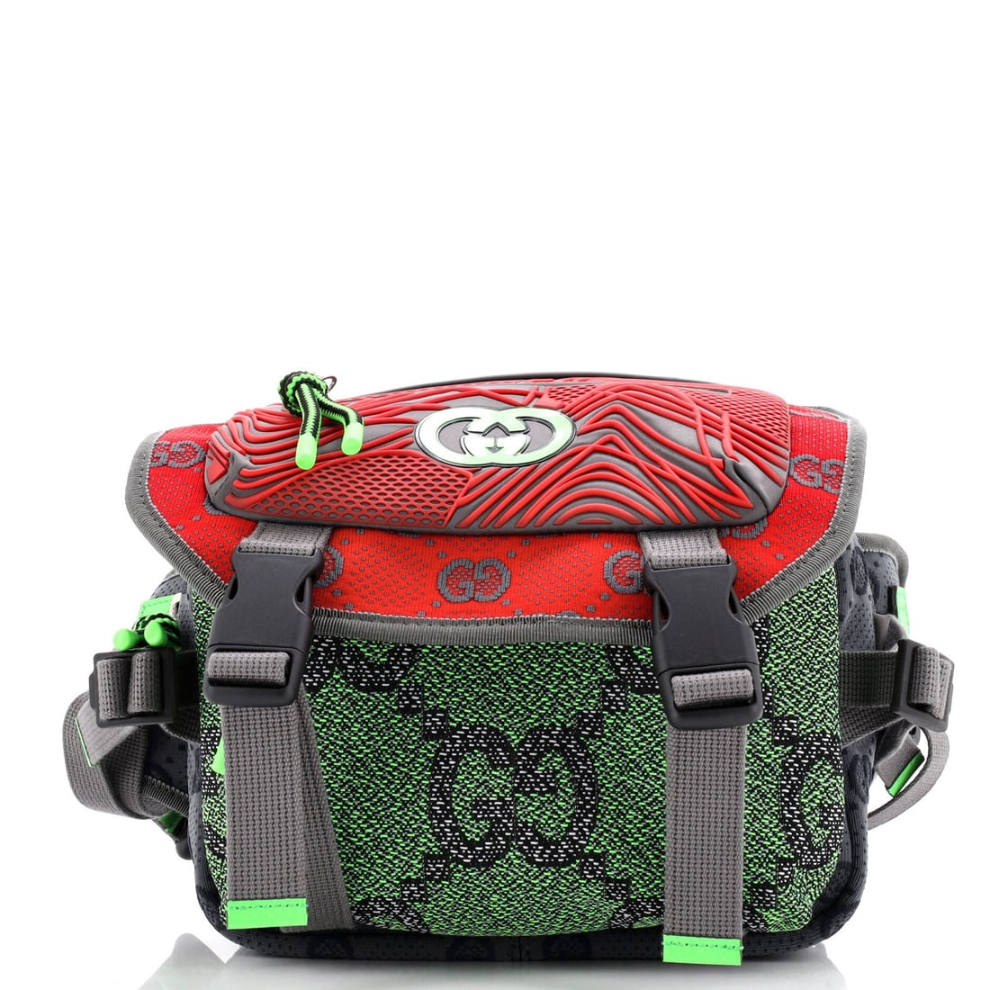 Gucci Buckle Flap Chest Strap Backpack in GG Fabric with Rubber: Gucci Buckle Flap Chest Strap Backpack in GG Fabric with Rubber Elevate your daily essentials with the iconic Gucci Buckle Flap Chest Strap Backpack, boasting vibrant multicolor GG Fabric and durable