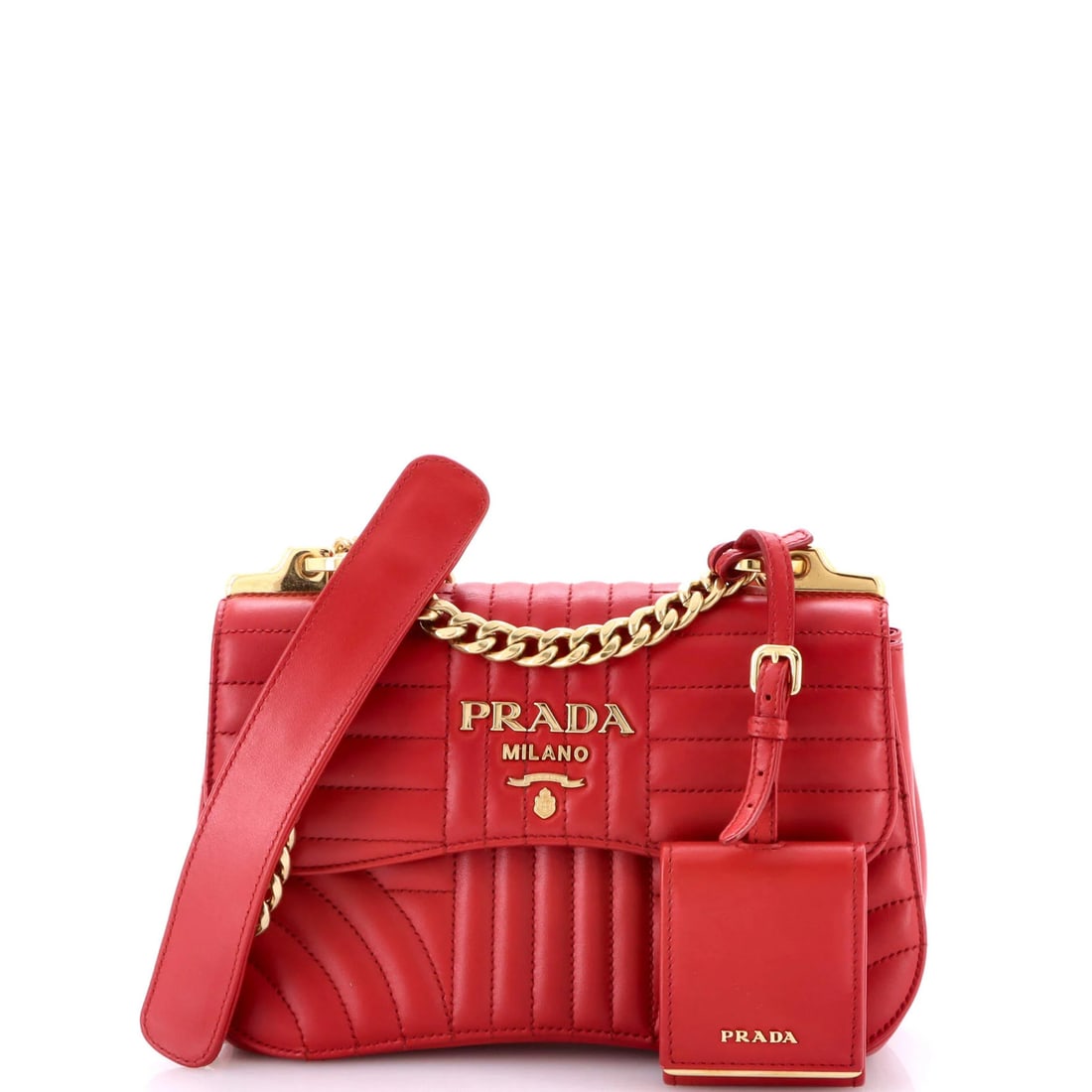 Prada Small Quilted Leather Curved Flap Chain Shoulder Bag: Prada Small Quilted Leather Curved Flap Chain Shoulder Bag Experience the iconic style of Prada with this sleek and sophisticated small quilted leather curved flap chain shoulder bag, boasting a vibra