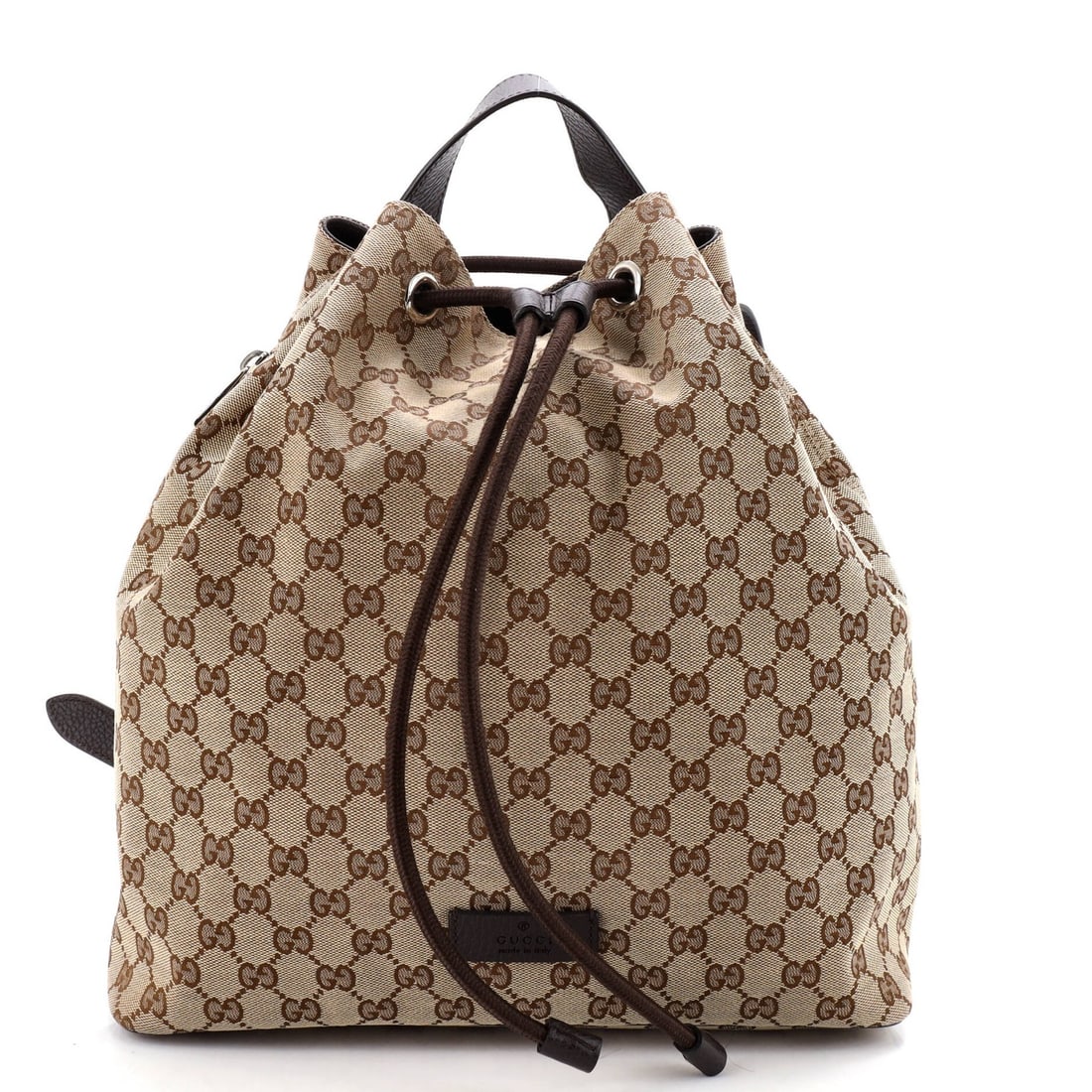 Gucci Medium GG Canvas Drawstring Backpack: Gucci Medium GG Canvas Drawstring Backpack Elevate your daily essentials with the iconic Gucci Medium GG Canvas Drawstring Backpack, boasting a timeless brown canvas exterior and sleek silver hardware