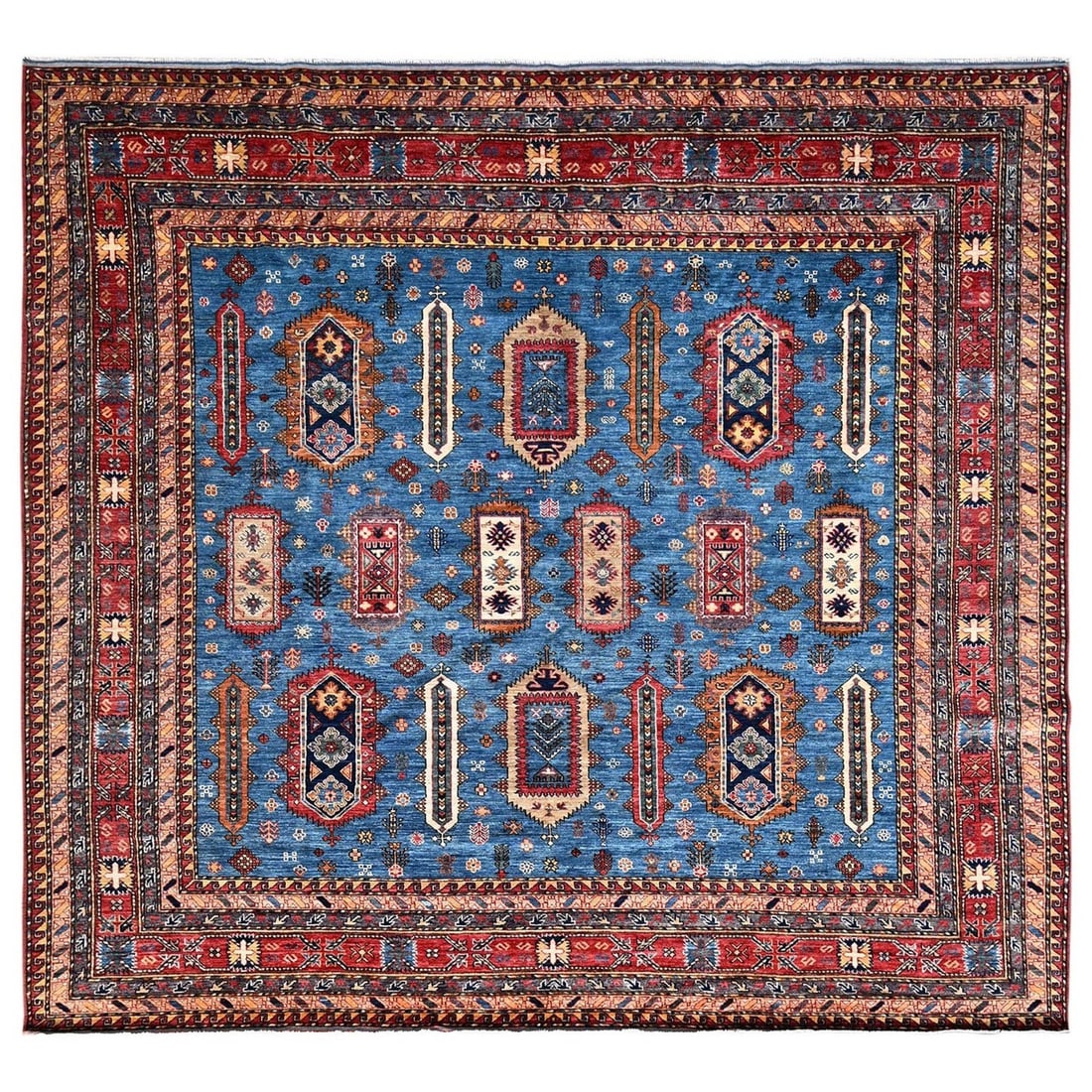 Square 10'x10' Blue Afghan Ersari Antique Caucasian Motif Hand Knotted Wool: Square 10'x10' Blue Afghan Ersari Antique Caucasian Motif Hand Knotted Wool Experience the rich cultural heritage of Afghanistan in this stunning 10'x10' blue Afghan Ersari antique Caucasian motif han
