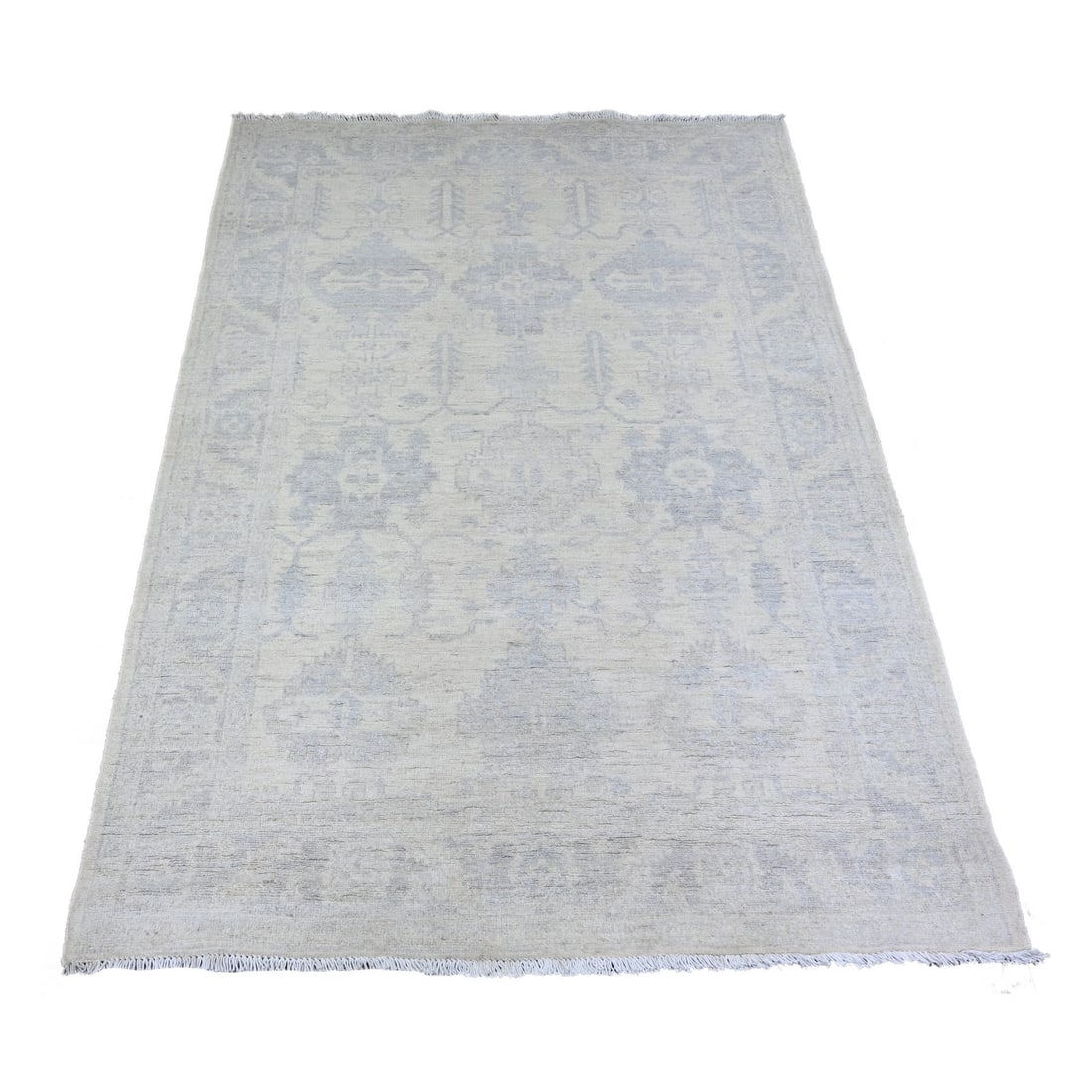 Ivory White Wash Peshawar Faded Colors Wool Hand-Knotted 4'1"x5'8" Rug: Ivory White Wash Peshawar Faded Colors Wool Hand-Knotted 4'1"x5'8" Rug Experience the timeless beauty of traditional Afghan craftsmanship with this stunning Ivory White Wash Peshawar Faded Colors Wool