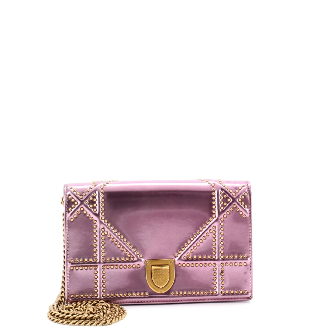 Christian Dior Small Studded Patent Flap Bag: Christian Dior Small Studded Patent Flap Bag A sleek and sophisticated small bag from Christian Dior, the Small Studded Patent Flap Bag boasts patent leather exterior in a vibrant pink hue, adorned wi