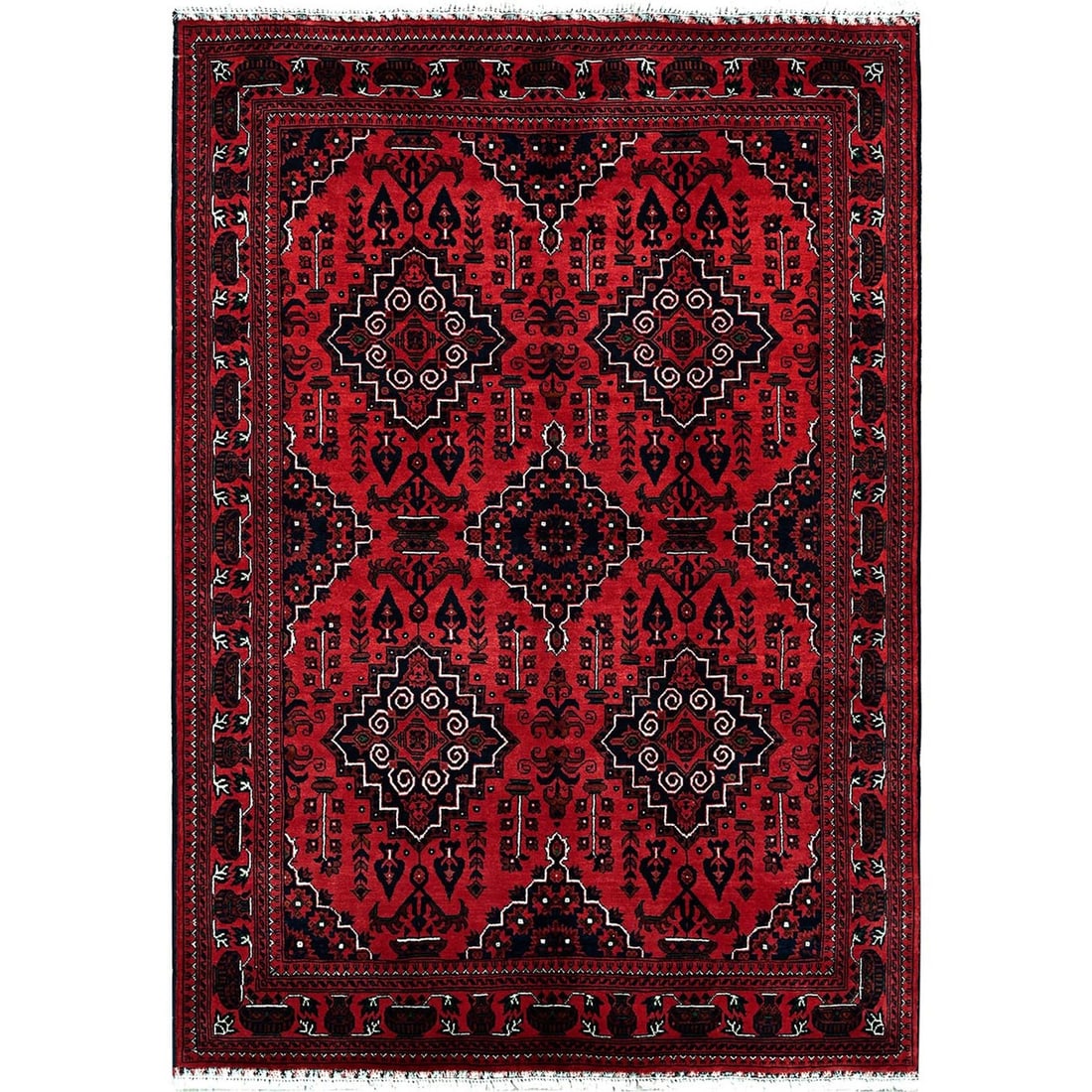 Rug 5'x7' Chili Red Hand Knotted Afghan Khamyab Geometric Design Pure Wool: Rug 5'x7' Chili Red Hand Knotted Afghan Khamyab Geometric Design Pure Wool Experience the rich cultural heritage of Afghanistan with this stunning 5'x7' hand-knotted rug, crafted from 100% pure wool i