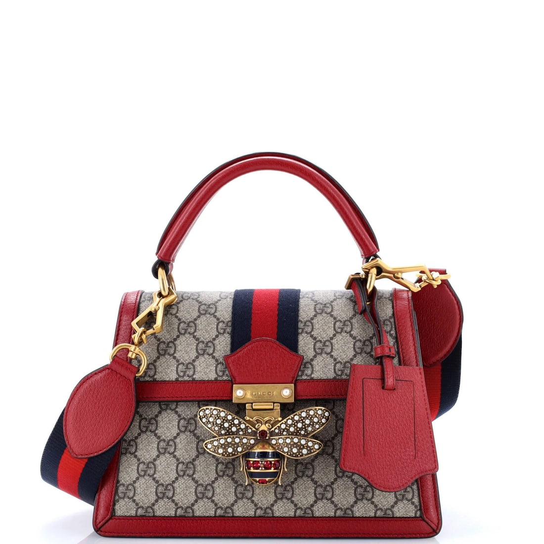 Gucci Queen Margaret Small Top-Handle Bag in Coated Canvas and Leather: Gucci Queen Margaret Small Top-Handle Bag in Coated Canvas and Leather The Gucci Queen Margaret Small Top Handle Bag is a timeless and stylish accessory that exudes luxury. With its vibrant red exteri