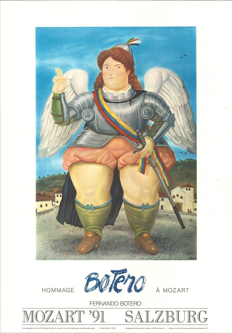 1990 FERNANDO BOTERO Mozart '91 Salzburg 39.25" x 27.5" Lithograph: 1990 FERNANDO BOTERO Mozart '91 Salzburg 39.25" x 27.5" Lithograph Experience the iconic style of Fernando Botero with his 1990 lithograph, Mozart '91 Salzburg. This vibrant piece captures the essence