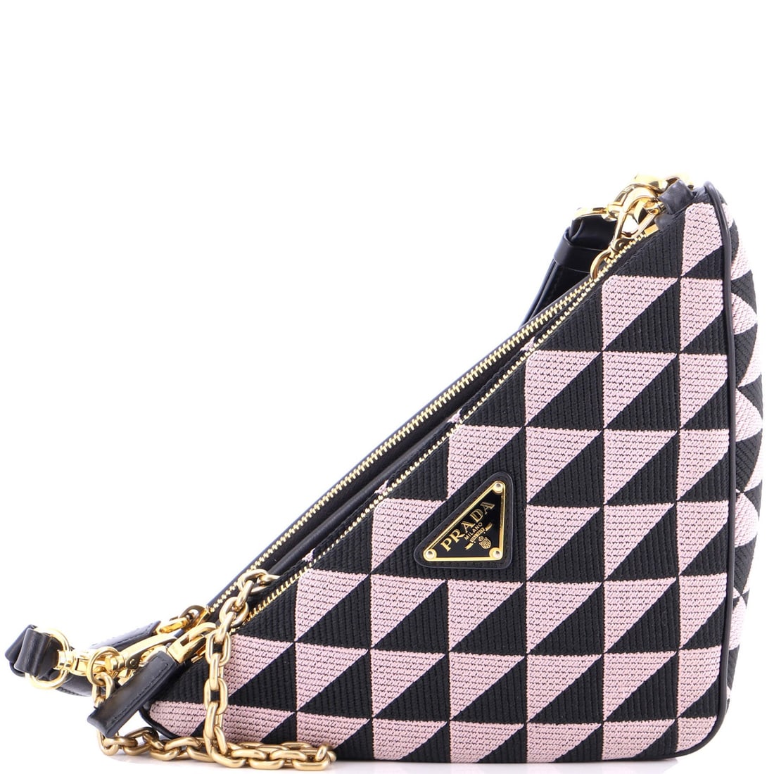 Prada Double Symbole Triangle Bag in Leather and Jacquard Mini: Prada Double Symbole Triangle Bag in Leather and Jacquard Mini The Prada Double Symbole Triangle Bag in Leather and Jacquard Mini is a sleek and sophisticated accessory that exudes luxury. With its ic