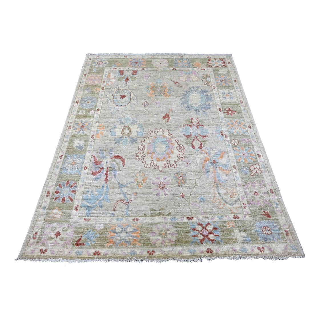 Rug 5'x6'5" Light Gray Afghan Angora Oushak Leaf Design Hand Knotted Wool: Rug 5'x6'5" Light Gray Afghan Angora Oushak Leaf Design Hand Knotted Wool Experience the rich beauty of traditional Afghan craftsmanship in this stunning 5'x6'5" Light Gray Oushak Leaf Design Hand Kno