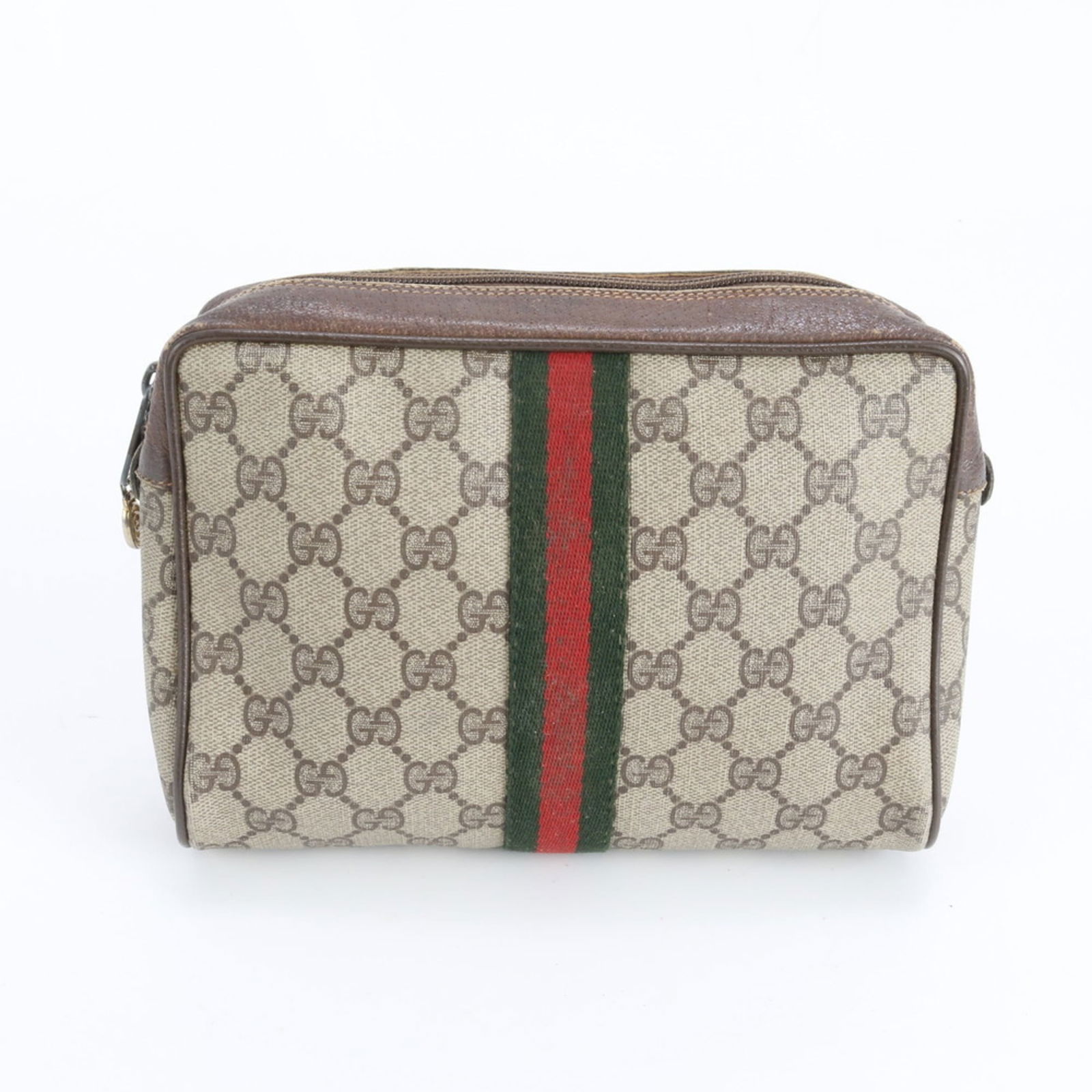 Gucci Clutch Bag in Leather and Coated Canvas: Gucci Clutch Bag in Leather and Coated Canvas A luxurious Gucci clutch bag in rich brown leather and coated canvas, perfect for adding an air of sophistication to any evening outfit. With its sleek 15